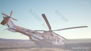 在夕阳时在沙漠里燃烧的军事直升机